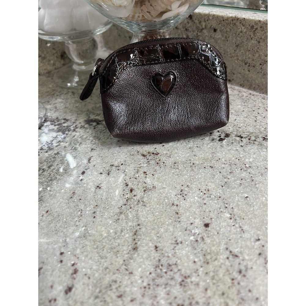 Brighton Heart Coin Purse Brown Pebbled & Croc Leather Zip Pouch